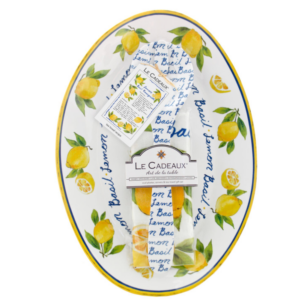 Lemon Basil Oval Serving Platter With Servers And Matching Tea Towel Gift Set